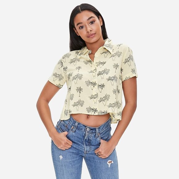 Forever 21+ - Palm tree Yellow button up Crop - Picture 1 of 8